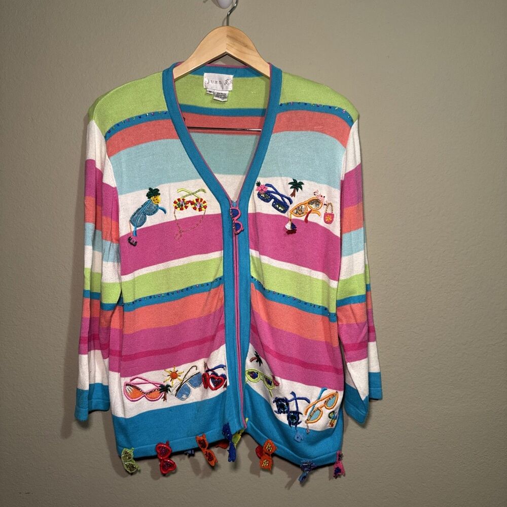 Just B Womens Cardigan Sweater M Sequin Sunglasses Embroidered Summer